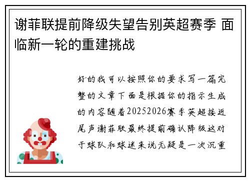 谢菲联提前降级失望告别英超赛季 面临新一轮的重建挑战