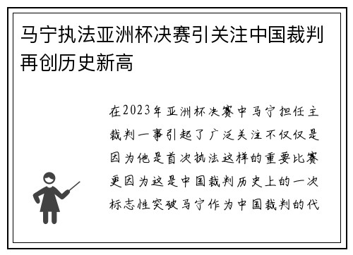 马宁执法亚洲杯决赛引关注中国裁判再创历史新高